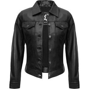 Women's Real Lambskin Outwear Jackets Stylish Turn Down Collar Black Trucker